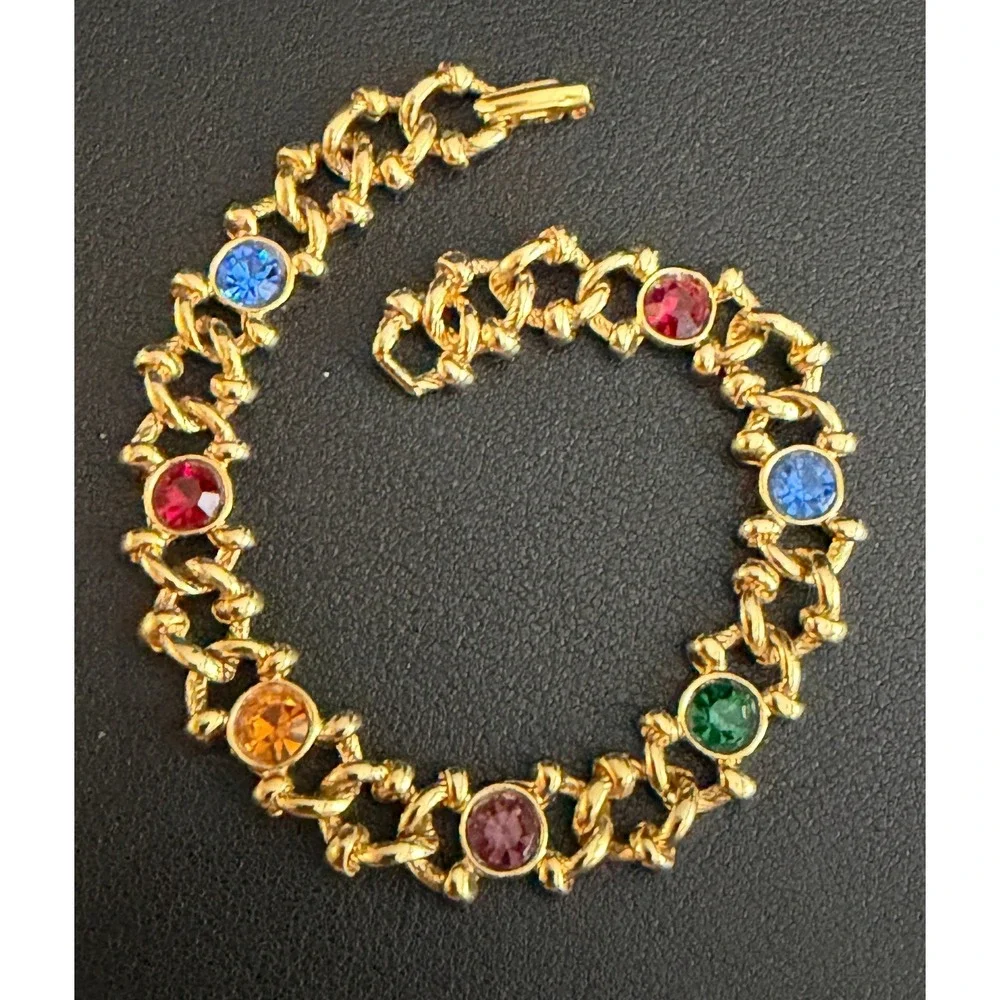 Vintage Rhinestone Bracelet Bezel Set Gold Tone Rainbow Pride - Picture 1 of 5